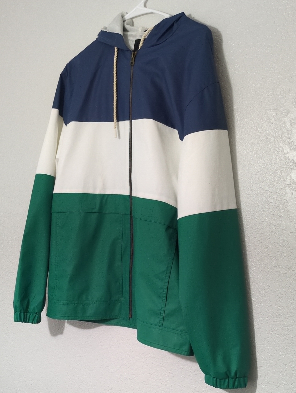 Weatherproof Colorblock Hooded Windbreaker Jacket - Navy, White & Green
